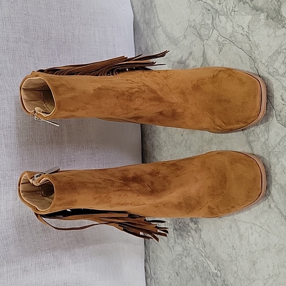 Women's Square Toe Chunky Block Heel Fringe Side Zipper Ankle Boots - Picture 3 of 9